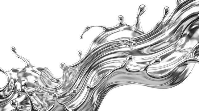 Liquid silver chrome metal splash flowing with smooth wave motion on isolated transparent background.