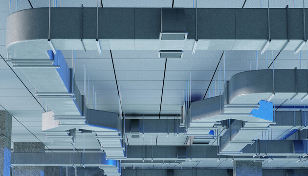 Ventilation engineering installs suspended HVAC ductwork and air distribution units for commercial building climate control systems