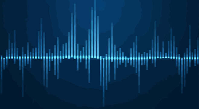 Abstract blue sound wave visualization with audio spectrum on dark background