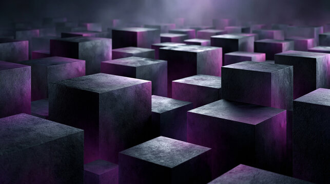 High-angle photograph of a vast field of dark stone cubes with a mysterious purple neon glow and heavy atmospheric fog or smoke.