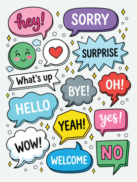 hand drawn speech bubble collection with various expressions and greetings colorful doodle style