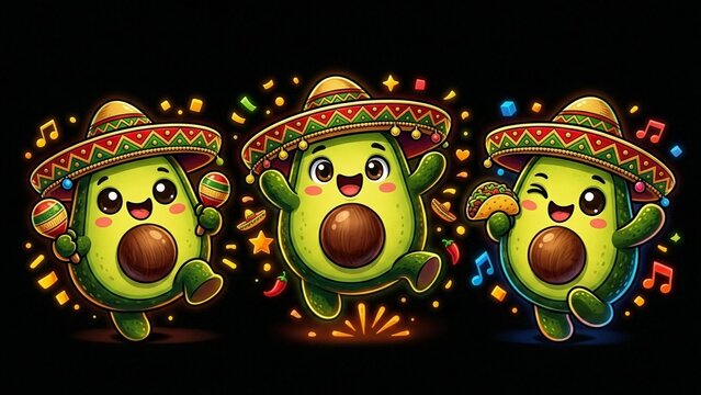 Cute Cartoon Dancing Avocado Characters Sombrero Maracas Fiesta Party
