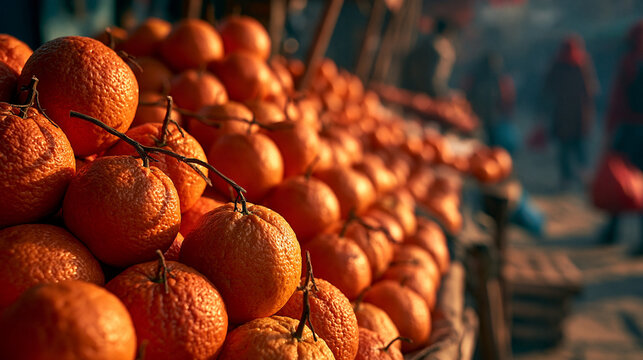Artistic close-up of a large stack of vibrant orange tangerines with stems at a busy outdoor market, featuring a moody atmosphere and blurred people in the background.