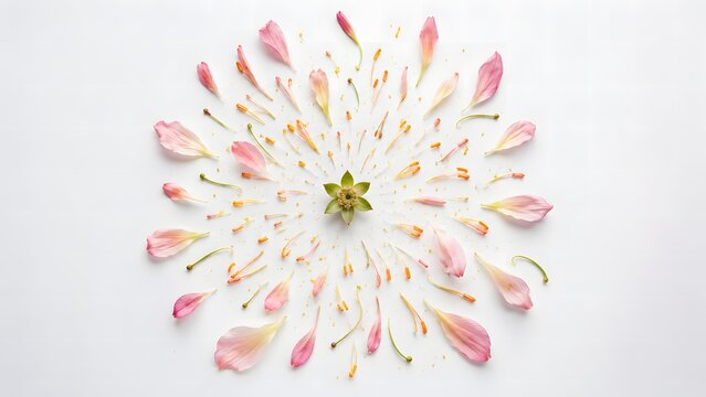 Stunning botanical concept of a flower deconstructed with all elements arranged in a perfect explosion diagram around the empty center under soft natural light on white background. 