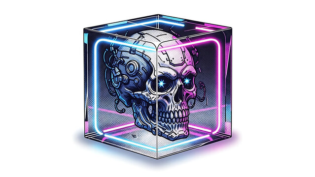 Cyborg skull inside neon cube isolated on a transparent background