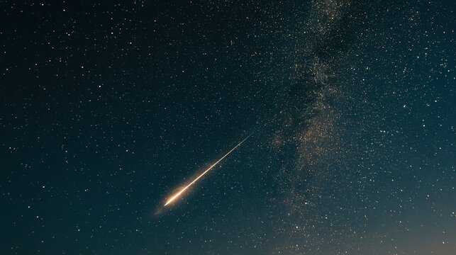Shooting Star Streaking Across Sparkling Starry Night Sky With Milky Way Galaxy, Dramatic Celestial Astronomical Scene for Wallpaper and Creative Design Projects