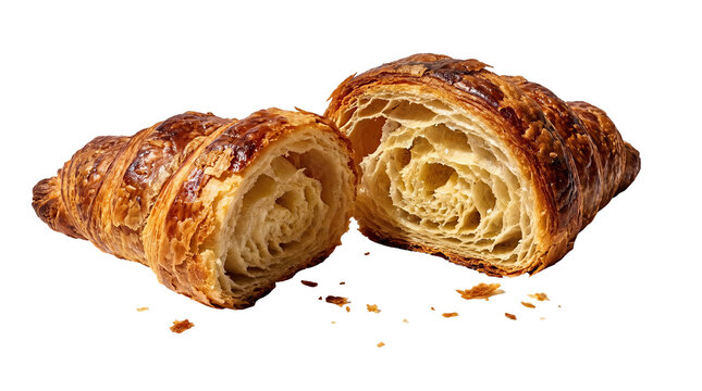 Fresh buttery croissant split in half isolated on transparent background French pastry bakery concept.