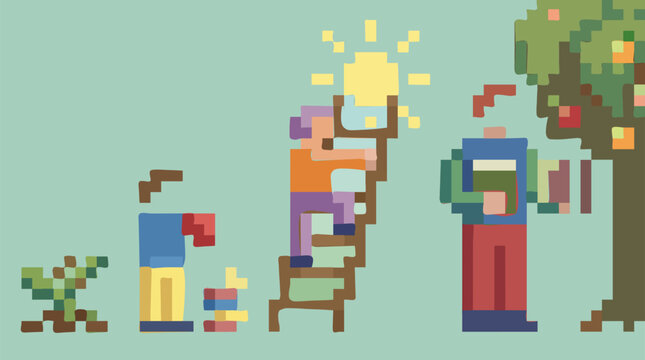 Pixel art illustration depicting stages of personal growth and development, from a small plant to a child learning, climbing towards knowledge, and finally an adult with education and wisdom