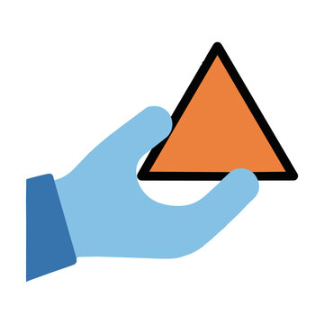 Minimalist hand cradling an equilateral triangle hazard icon in bold flat colors isolated on a white background safety concept