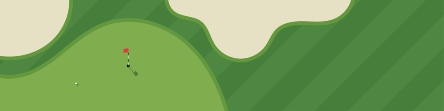 Golf course illustration. Flat style vector illustration of golf course with bunkers, putting green and flag. Golf course illustration with copy space for golfing poster, landing page, web banner.
