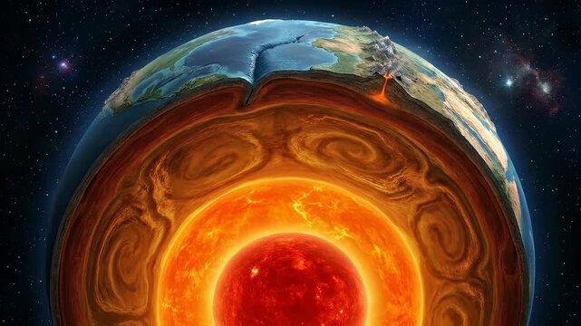 Global planet earth's deep interior structure demonstrates hot molten core, swirling mantle convection current, powerful tectonic plate activity, and erupting surface volcano.