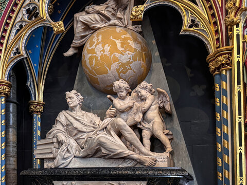 Isaac Newton Monument in Westminster Abbey Marble Tomb Sculpture with Globe and Ornate Gothic Arch