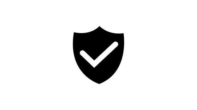 black shield and white check mark icon animation on white background