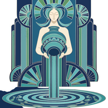 Elegant Art Deco style illustration of Aquarius, the water bearer zodiac sign, featuring a stylized woman pouring water into a serene pool.