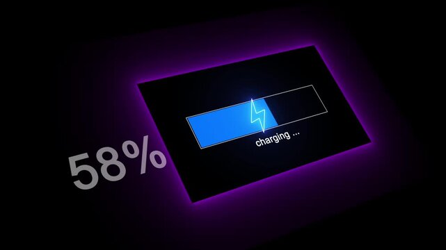 charging icon animation on neon circle. Charging from zero to 100% timelapse