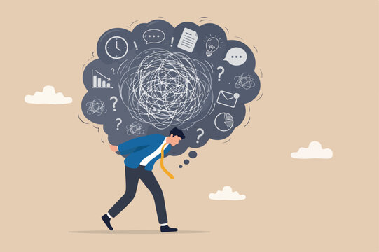 Over thinking, obsessive in work or too many problems that cannot make decision concept, tried depressed businessman carry heavy thinking bubble burden