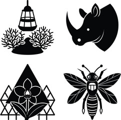 Black rhino and marine reef coral orchid flower bee insect vector collection © Brisy Gayen