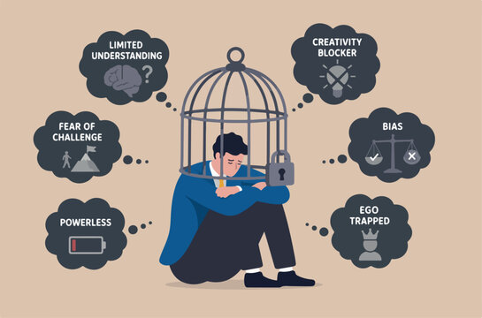 Limited understanding, creativity blocker, fear of challenge, bias or ego trapped, powerless or lack of intelligence concept, depressed businessman with birdcage lock his head