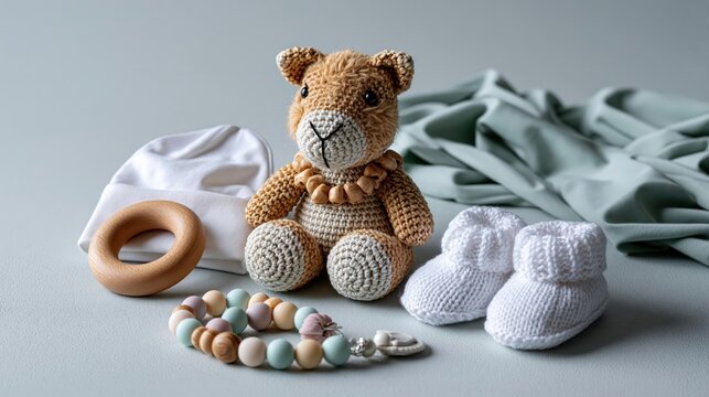 Knitted teddy bear toy with newborn baby booties pacifier clip and wooden teething ring