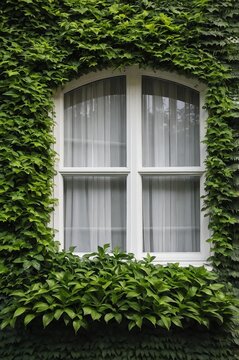 Portrait of white window on green wall background 