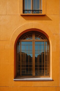 Portrait of orange window on gold wall background 