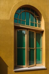 Obraz premium Portrait of green window on gold wall background 