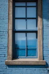Obraz premium Portrait of gray window on blue wall background 