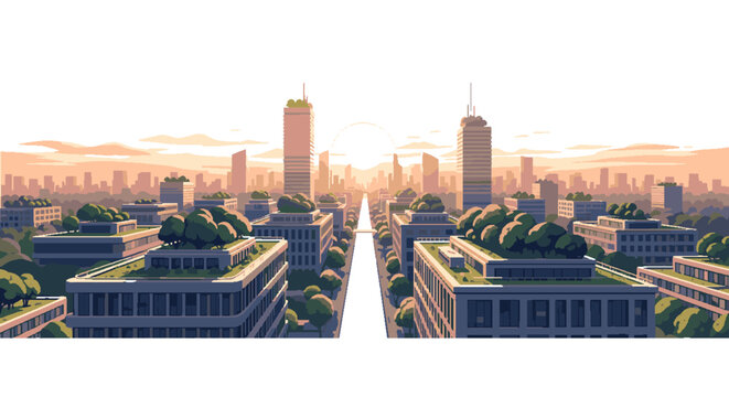 Modern city skyline at sunrise with skyscrapers and green rooftops, urban landscape perspective