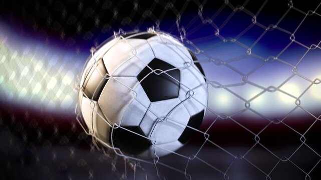 Soccer ball hitting goal net in stadium lights, showing football action, sports competition and championship atmosphere in 4K.
