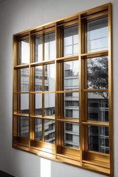 Portrait of gold window on white wall background 