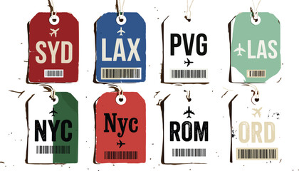 Vintage Airline Baggage Tag Vector Set with International Airport Codes for Travel Agency Promotions Tourism Banners and Nostalgic Luggage Label Graphic Designs © MSTRazia