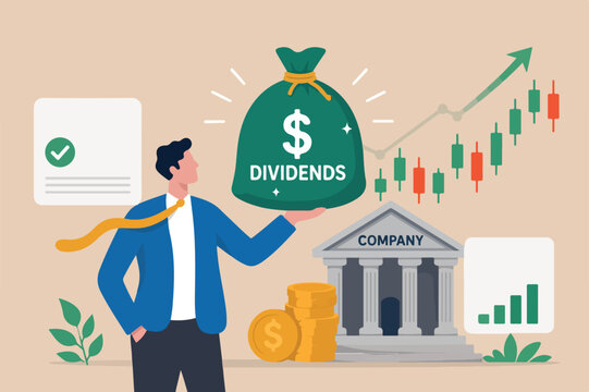 Dividend stocks, public company payback profit in stock market, return or profit from investment concept, businessman investor hand holding big money bag with label Dividends and dollar money sign
