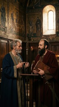 Saint Peter and disciple Paul discuss within historic christian church, each man wearing ancient attire, one holding iconic key processional cross, other clutching sacred book Roman sword.