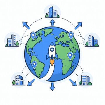 Rocket launching from Earth with global business locations around