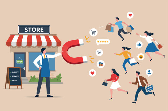 Customer magnet or marketing to attract customer back to buy again, retention or sale strategy draw client, advertising campaign concept, store owner hand with horseshoe magnet to attract customers