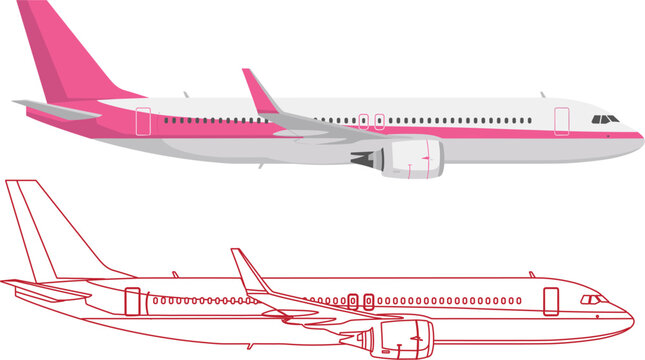 Modern Passenger Airplane Vector Illustration Featuring Pink Livery and Detailed Outline Design