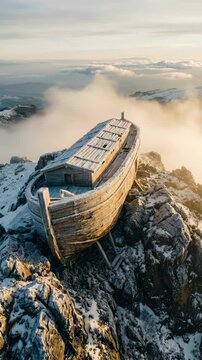 Ancient salvation vessel: Noah Ark, mountain refuge, divine providence, frozen peak, biblical story, wooden boat, harsh nature, legendary quest, spiritual belief.