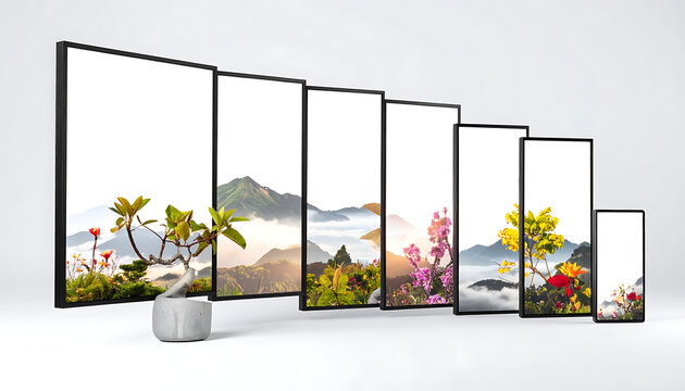 Display screens showing vibrant landscape art, misty mountains, and colorful flowers, arranged in a staggered row on a clean backdrop