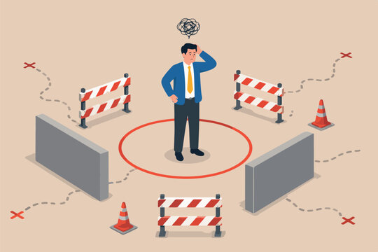 Business boundary, limitation framing that prevent progress work, prohibited activity that limit business career growth concept, frustrated businessman standing uncomfortably small red circle