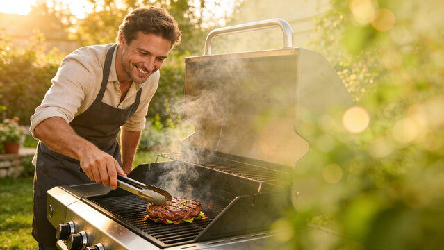 A focused and smiling man wearing an apron, using tongs to flip a juicy, seasoned burger patty on a hot charcoal grill in a lush green backyard at sunset. Atmospheric barbecue scene.