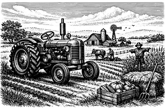 Vintage Farming Tractor Engraved Landscape Artwork