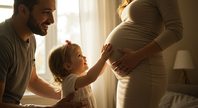 Fam&iacute;lia &agrave; espera de um beb&ecirc;, tocando a barriga da gr&aacute;vida em um cen&aacute;rio de luz natural.