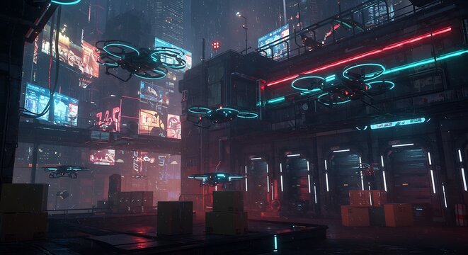 Paisagem urbana futurista com luzes de n&eacute;on e drones voando contra um c&eacute;u escuro.