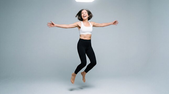 A young Caucasian woman with short brown hair jumps joyfully in a studio. She wears a white sports bra and black leggings, showcasing an active lifestyle.