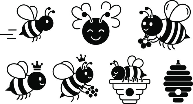Bee and Pollination Icon Set with Flying Bees, Smiling Bee, Bee with Flower, Hive, and Royal Bee for Nature, Garden, Honey, and Wildlife Design Projects