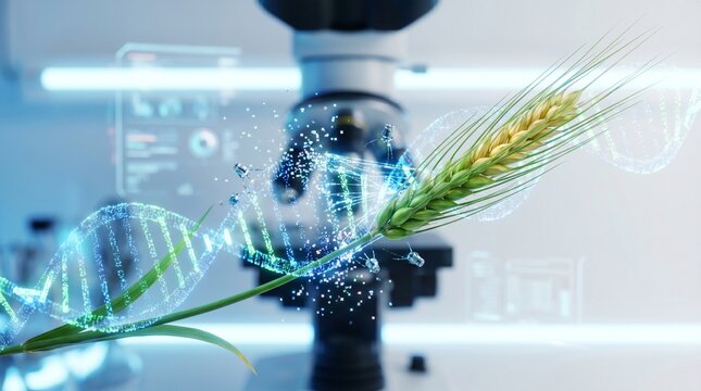 Biotechnology concept showing a glowing DNA helix intertwined with a wheat stalk, set against a blurred microscope background with digital interfaces.