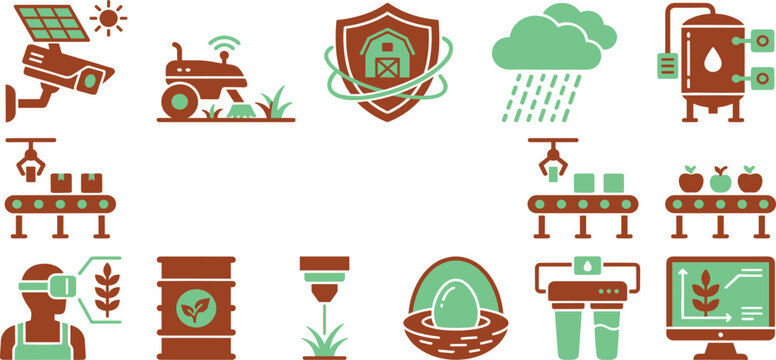 Smart agriculture technology and sustainable farming icon set featuring automation sensors and green energy production systems.