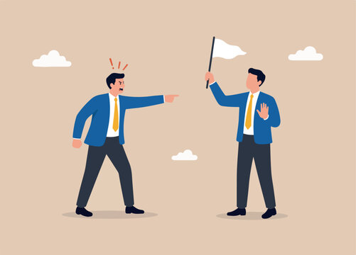 Stop argument, defuse conflict or compromise and negotiation, surrender defer confrontation and politics concept, businessman hand argue pointing each other with one surrender by small white flag