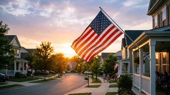 Independence day celebration american flag waving in suburban neighborhood at sunset