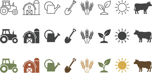 Farming and agriculture icons featuring tractor barn farm animals icon set black and white watering can food production country life agriculture countryside illustration collection livestock © MST SUMAIYA
